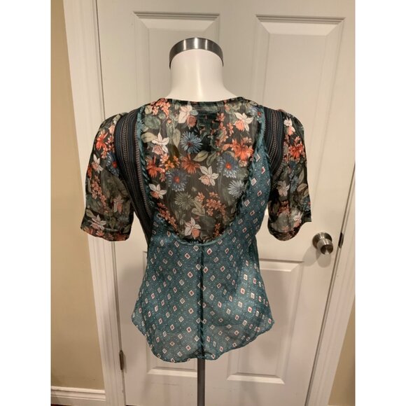 Tiny Multicolor Floral & Diamond Print V-Neck Wrap Shirt, Size XXS - Picture 4 of 5